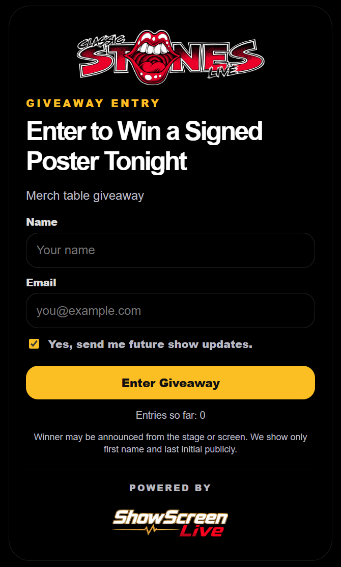 Audience giveaway entry screen for email capture and audience growth