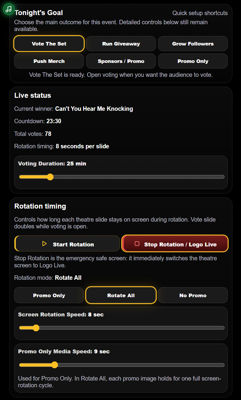 Goals, live status, and rotation timing controls