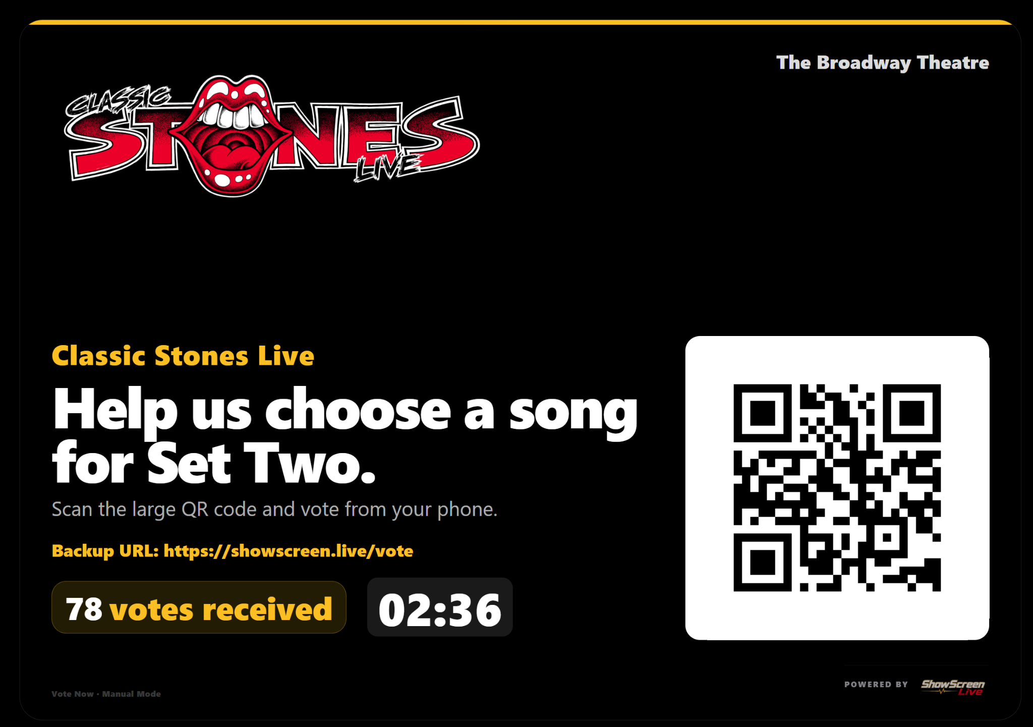 Theatre vote screen with QR code, countdown timer, and vote count